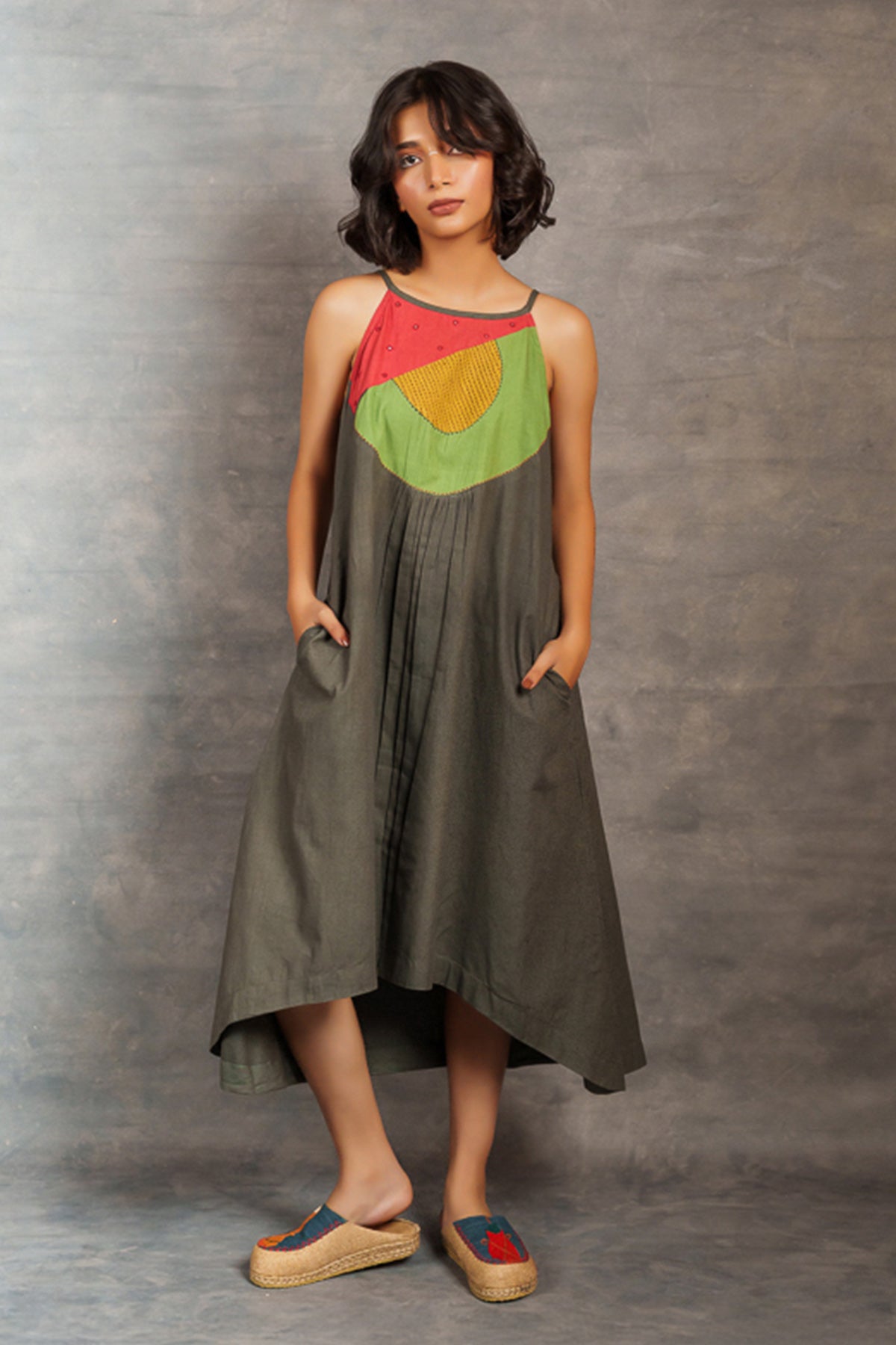 Buy Olive Sleeveless Cotton Dress by Thread Game for women online at ScrollnShops